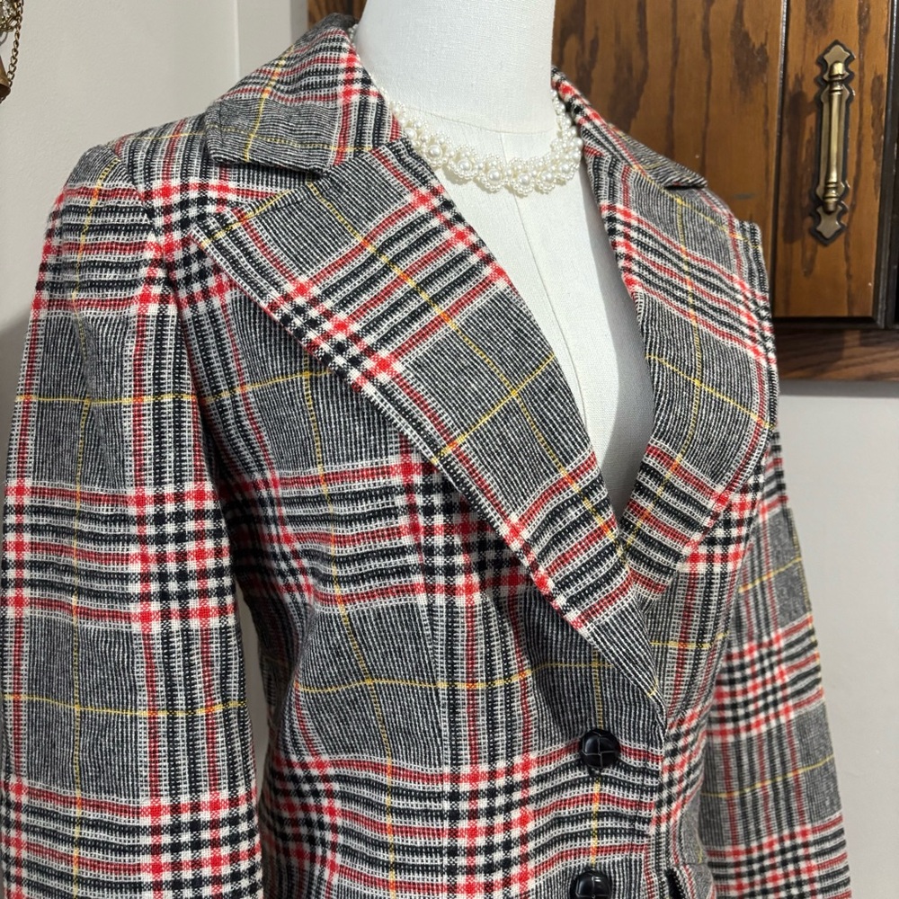 70s Vintage Wool Blazer Suit Jacket Size XS Handmade Checkered Plaid Red Black - Picture 3 of 11